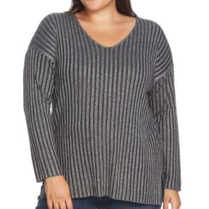 VINCE CAMUTO Women's Flax Ribbed Metallic V-neck Blouse Shirt Top, SZ 1X, NEW